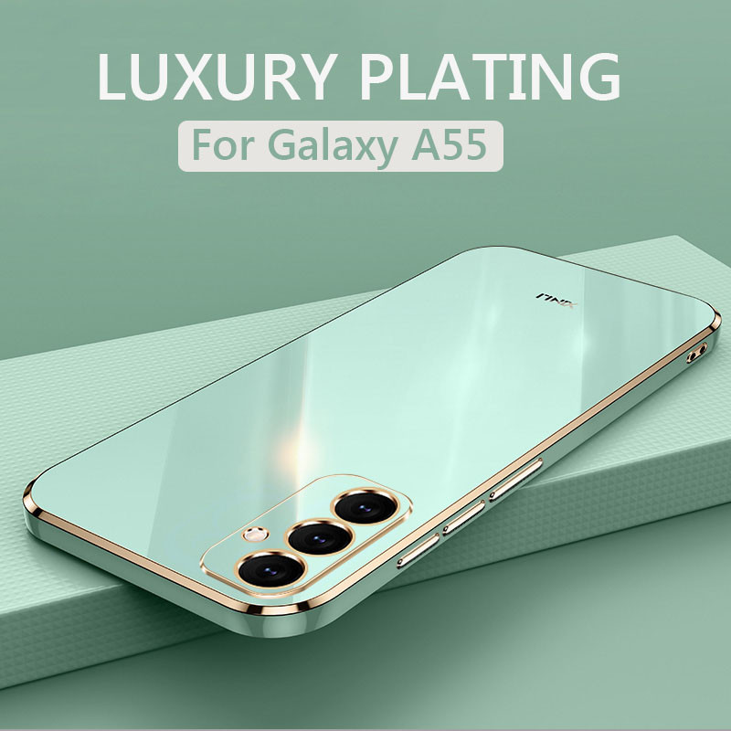 Samsung A16 หรูหรา 6D ชุบ Soft TPU ซิลิโคนเคสโทรศัพท์สําหรับ Samsung Galaxy A16 A26 A36 A06 A56 A55 A35 4G 5G เลนส์กันกระแทกป้องกันปกหลังคู่ปลอกสําหรับ SamsungA55 2024