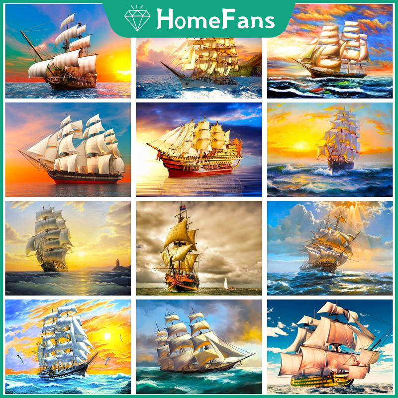 【HF】ภาพจิตรกรรมปักครอสสติตช์ รูปเรือใบ 5D แฮนด์เมด สําหรับตกแต่งบ้าน DIY
