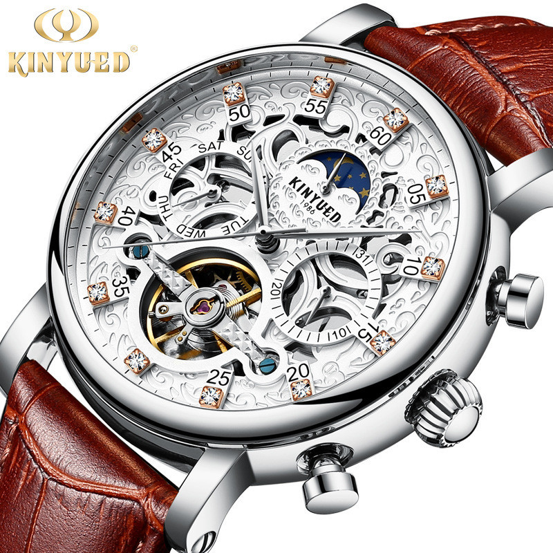 Kinyued Men's Watch Automatic Mechanical Watch Tourbillon Mechanical Watch Hollow Leather Strap Watc