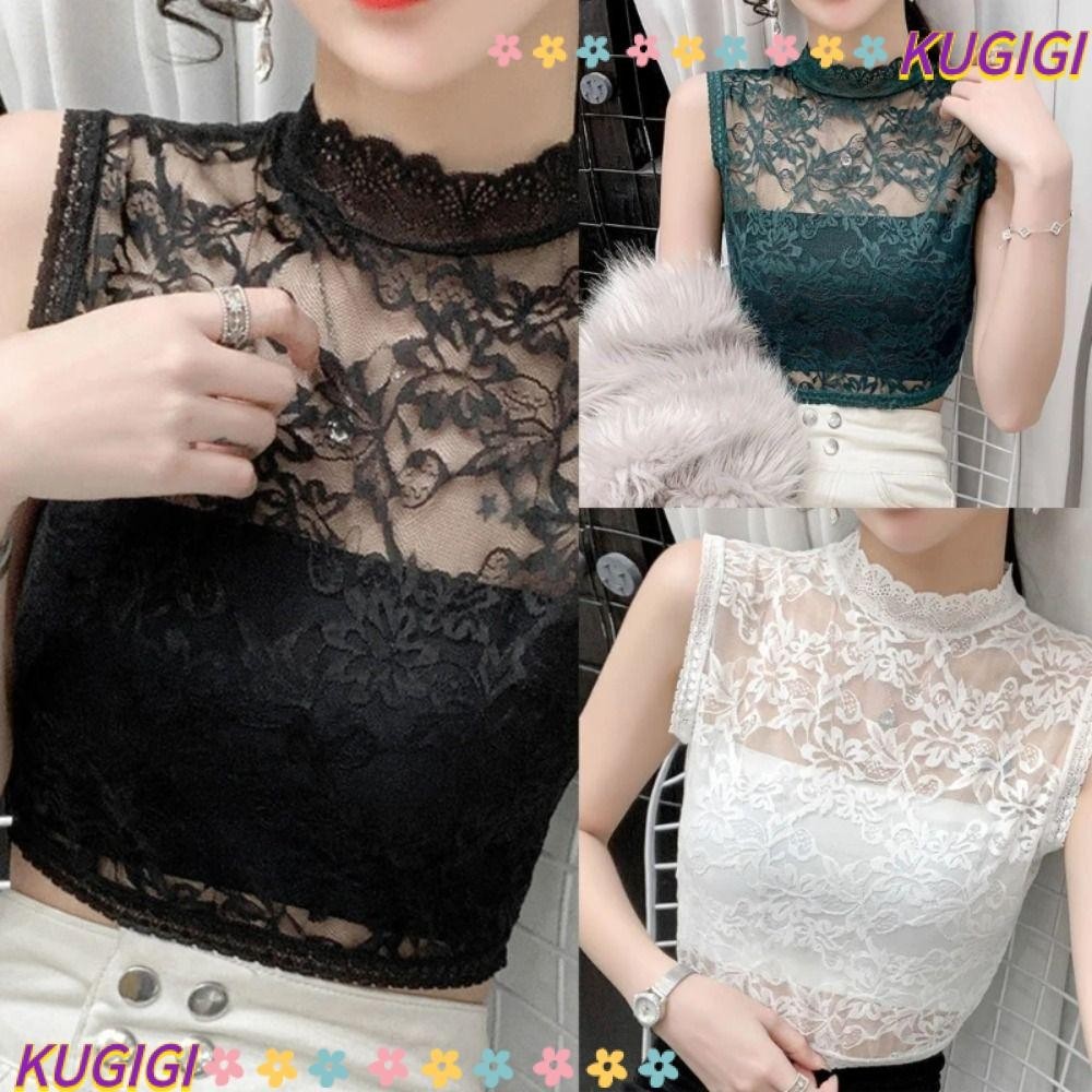 Kugigi ลูกไม้ คอเต่า แฟชั่นหรูหรา ปกกลวง ลูกไม้ ครึ่งตัว เสื้อผู้หญิง ชุดชั้นใน สั้น ตาข่าย คอปกปลอม