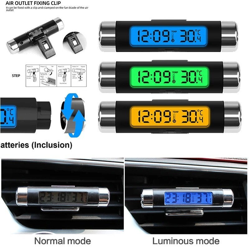 2 in 1 นาฬิกาดิจิทัล หน้าจอ LCD แสดงอุณหภูมิ เทอร์โมมิเตอร์ นาฬิกาดิจิทัลในรถยนต์ อุปกรณ์เสริมในรถยนต์