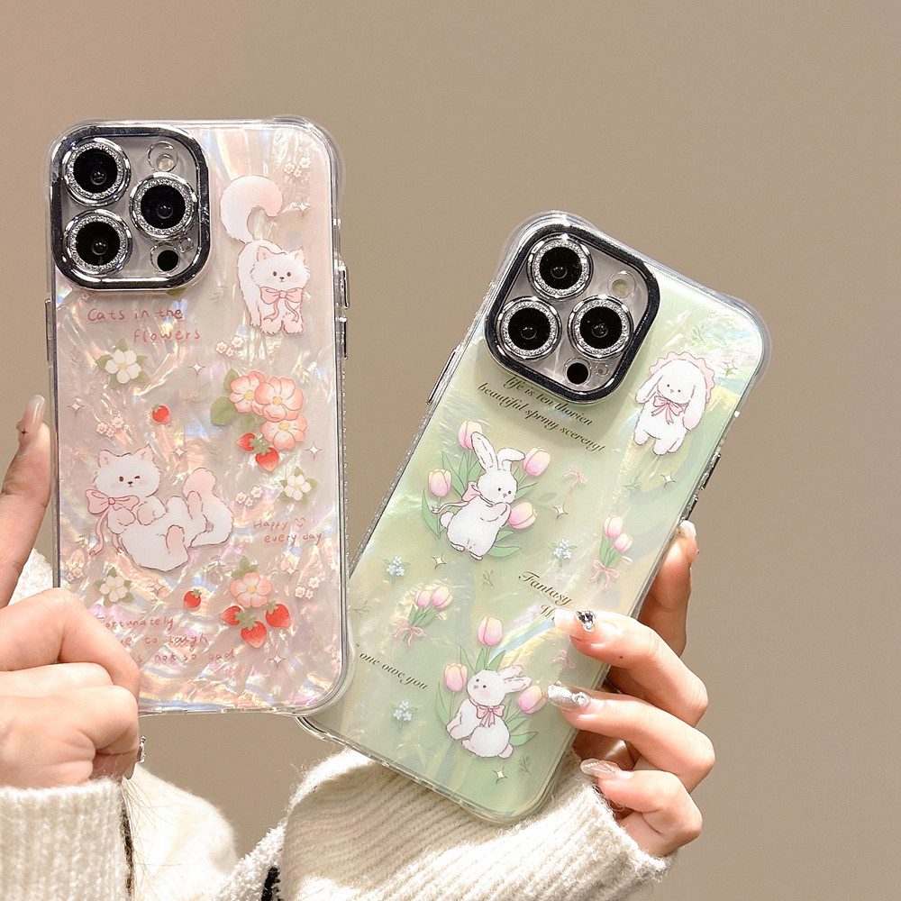 เคสโทรศัพท์มือถือ กันกระแทก ลายการ์ตูนแมว กระต่าย และดอกไม้ พร้อมฟิล์มกันรอยเลนส์แฟลช สําหรับ iPhone 15 ProMax 15 14 ProMax 14 Pro 13 ProMax 12Pro 12