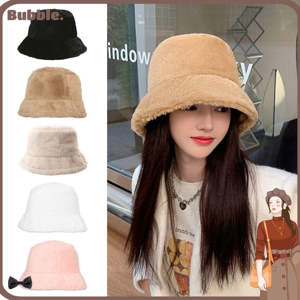 Bubble หมวกบักเก็ต ขนเฟอร์เทียม สีพื้น ให้ความอบอุ่น เหมาะกับฤดูหนาว ของขวัญ สําหรับชาวประมงกลางแจ้ง