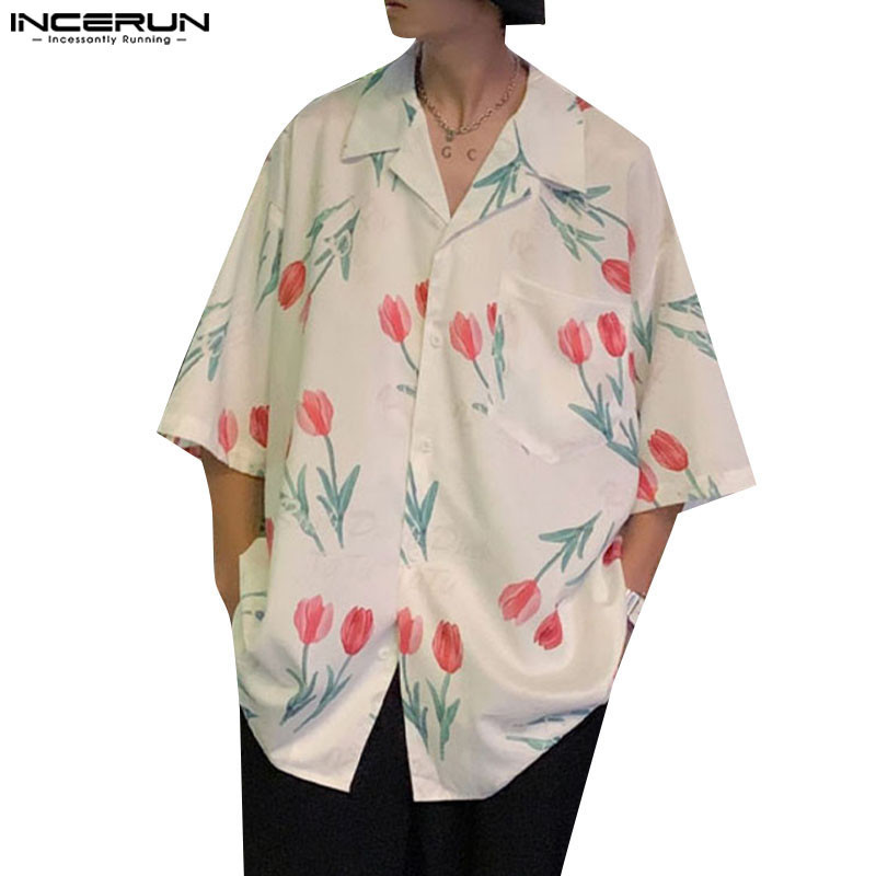 Incerun เสื้อเชิ้ตแขนสั้น คอปก ลําลอง พิมพ์ลายดอกทิวลิป สไตล์เกาหลี สําหรับผู้ชาย