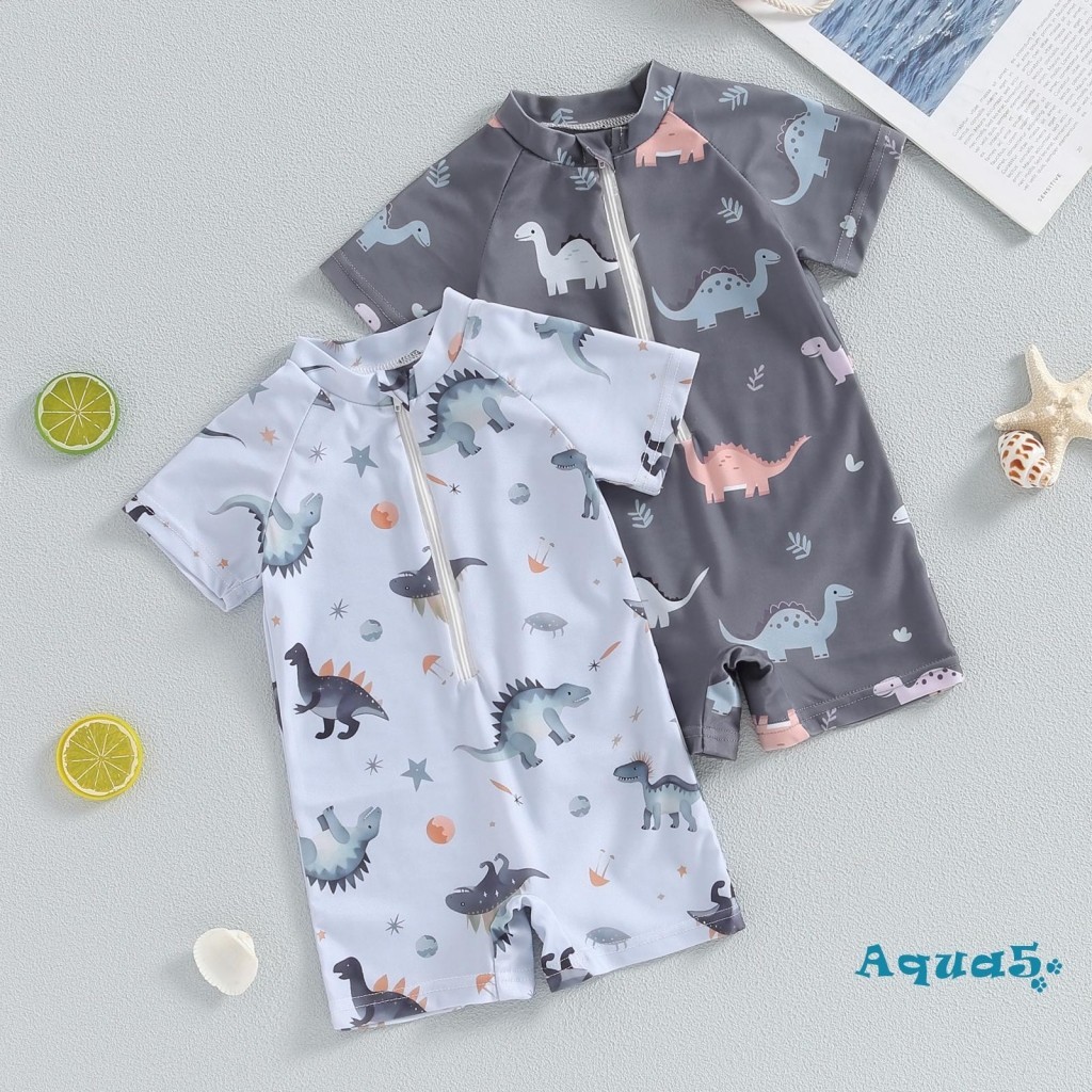 Aqq-เด็กผู้ชาย ชุดว่ายน้ําไดโนเสาร์ คอกลม ครึ่งซิป แขนสั้น ผื่น การ์ด ชุดว่ายน้ํา เด็กวัยหัดเดิน ชุดว่ายน้ํา