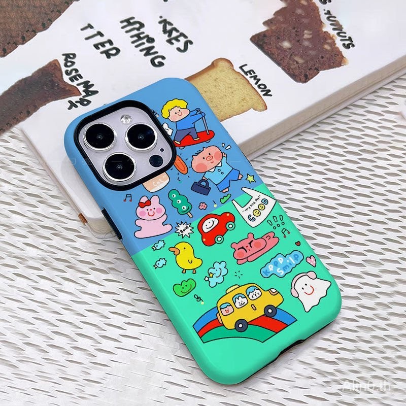 เคสโทรศัพท์มือถือ สองชั้น กันกระแทก ลายการ์ตูนรถบัส สองชั้น รูขนาดใหญ่ สําหรับ iPhone 7 8 Plus x xs xr xsmax 11 12 13 14 15 pro max เคสป้องกัน สําหรับ COQW