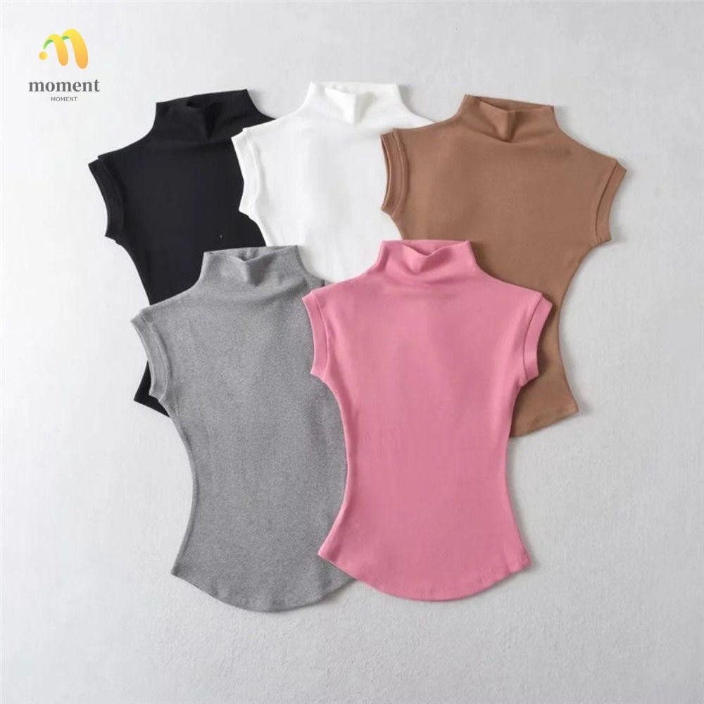 Moment เสื้อยืด คอเต่า แขนกุด ผ้าฝ้าย สีพื้น แบบสวมหัว แนวสตรีท เหมาะกับฤดูร้อน สําหรับผู้หญิง