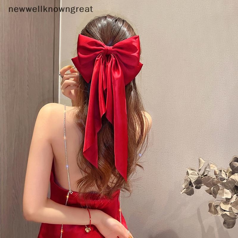 ใหม่wellknowngreat Elegant Red Streamer ขนาดใหญ่โบว์ริบบิ้นคลิปผมสําหรับผู้หญิงแฟชั่นเรียบง่ายซาตินหางม้าโบว์ Hairpin หญิงอุปกรณ์เสริมผม CAD
