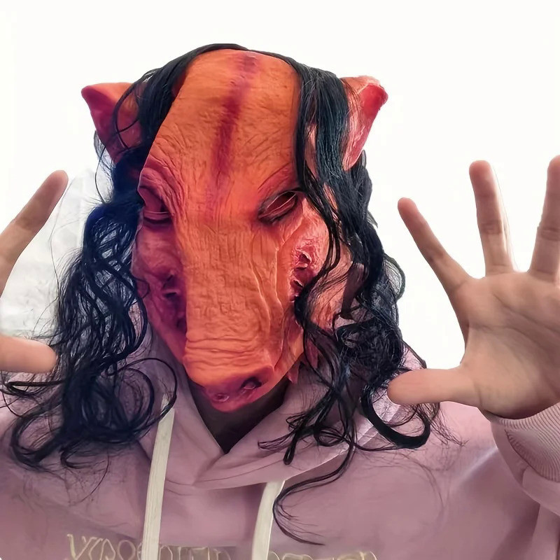 Creative Funny Mask For Halloween Christmas Carnival Party, Electric Saw, Horror Pig Mask With Hair,
