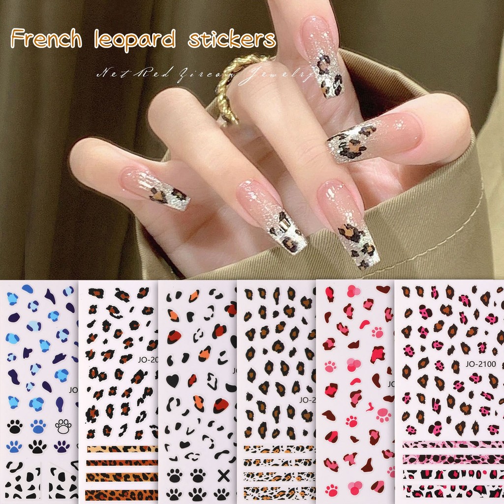 สติ๊กเกอร์ติดเล็บ ตกแต่งเล็บ เสือดาวฝรั่งเศส น่ารัก สีชมพู สีฟ้า