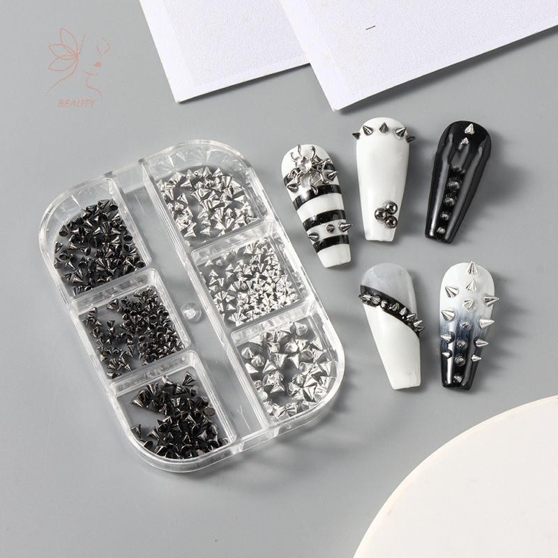 [maybeauty] 6 กริด Y2K Punk โลหะ Rivet เล็บ Charms กรวยผสม Sized สีดําเงินเล็บ Studs 3D สไตล์โลหะผสม Spike สําหรับ DIY เล็บตกแต่ง {TH}