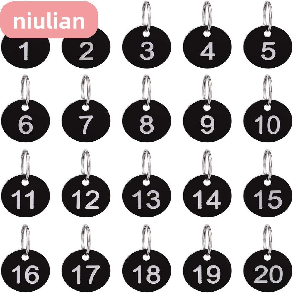 Niulian พวงกุญแจป้ายแท็กตัวเลข ทรงกลม 1-20 ตัวเลข 35 มม. สีดํา สําหรับสํานักงาน 20 แพ็ค