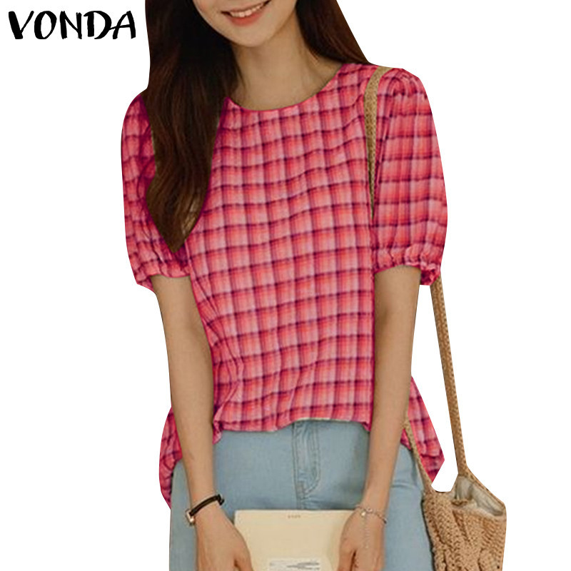 Vonda เสื้อเบลาส์ คอกลม แขนพัฟ พิมพ์ลายสก๊อต แฟชั่นเกาหลี สําหรับผู้หญิง