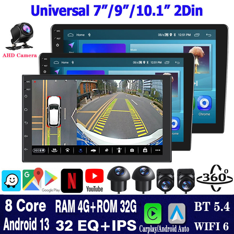 (8core 4G+32G IPS หน้าจอสัมผัส ) เครื่องเล่นมัลติมีเดีย วิทยุ บลูทูธ 2Din 7 9 10 นิ้ว Wifi GPS สําหรับรถยนต์ Android กล้อง AHD 1080P 360 FM DSP EQ