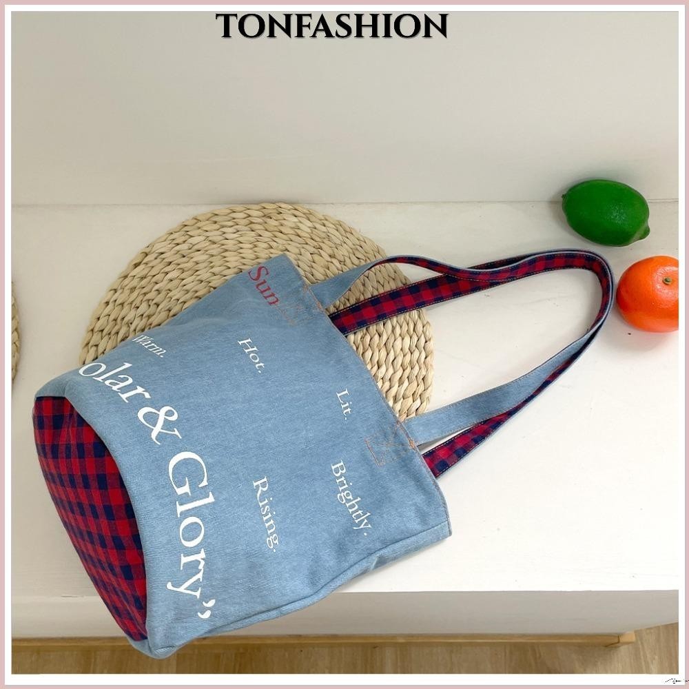 Tonfashion กระเป๋าผ้ายีน ทรงบักเก็ต ลายตารางหมากรุก สีฟ้า แบบนิ่ม