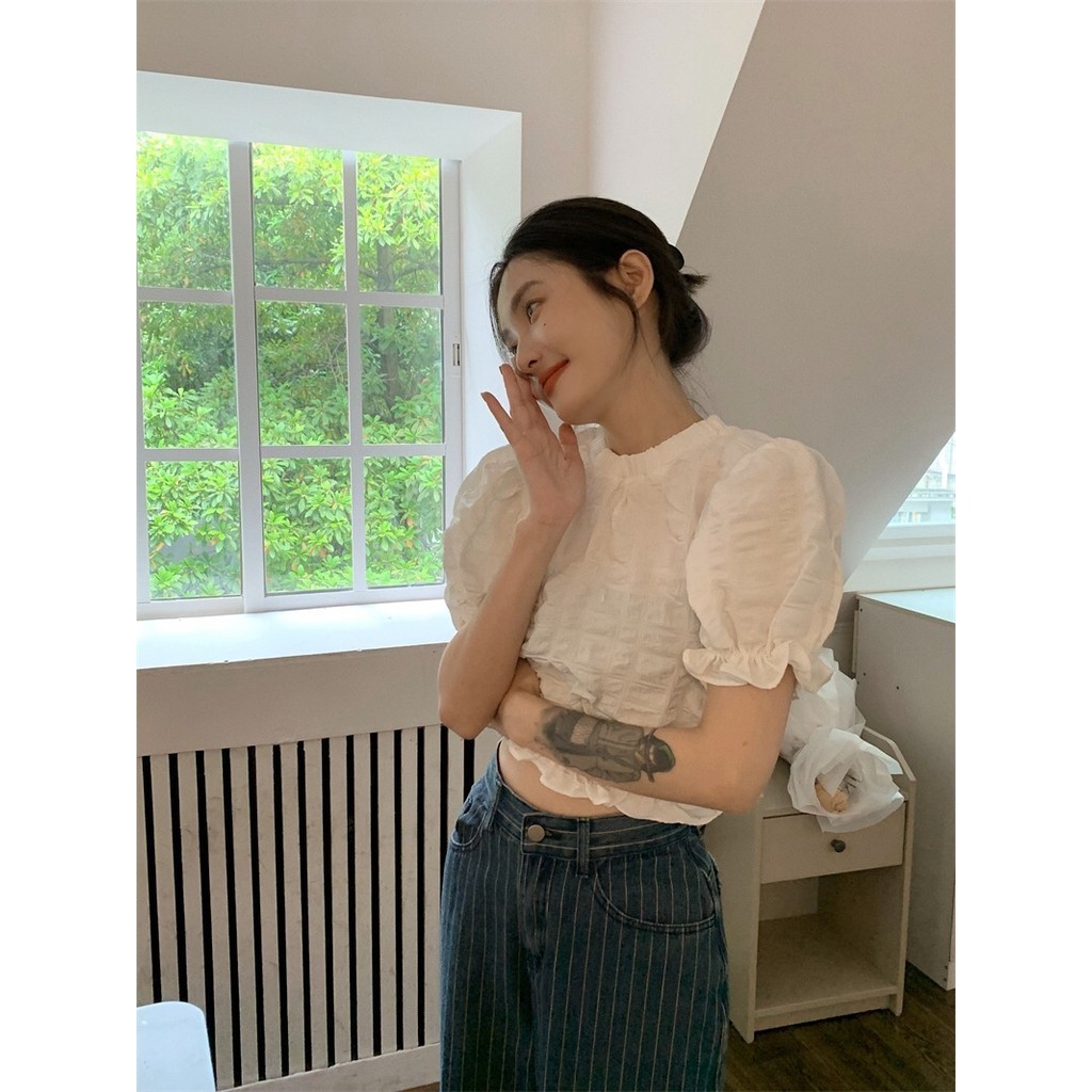 Xiao เสื้อเชิ้ตแขนพัฟ ผ้าฟลีซ จับจีบ ทรงสลิมฟิต สไตล์ฝรั่งเศส เหมาะกับฤดูร้อน สําหรับผู้หญิง DSHJ
