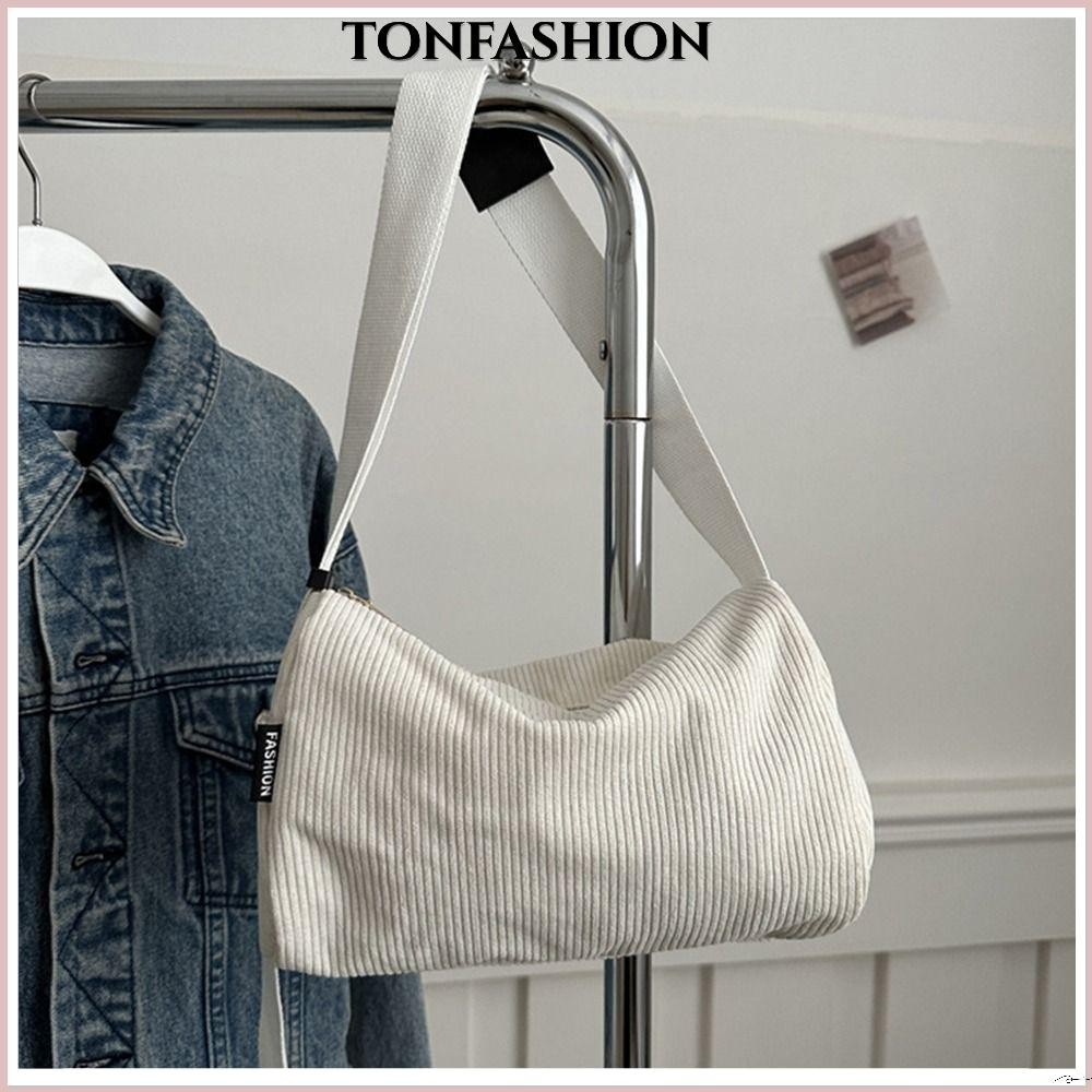 Tonfashion กระเป๋าสะพายไหล่ ผ้าลูกฟูก สีพื้น แฟชั่นสําหรับผู้หญิง