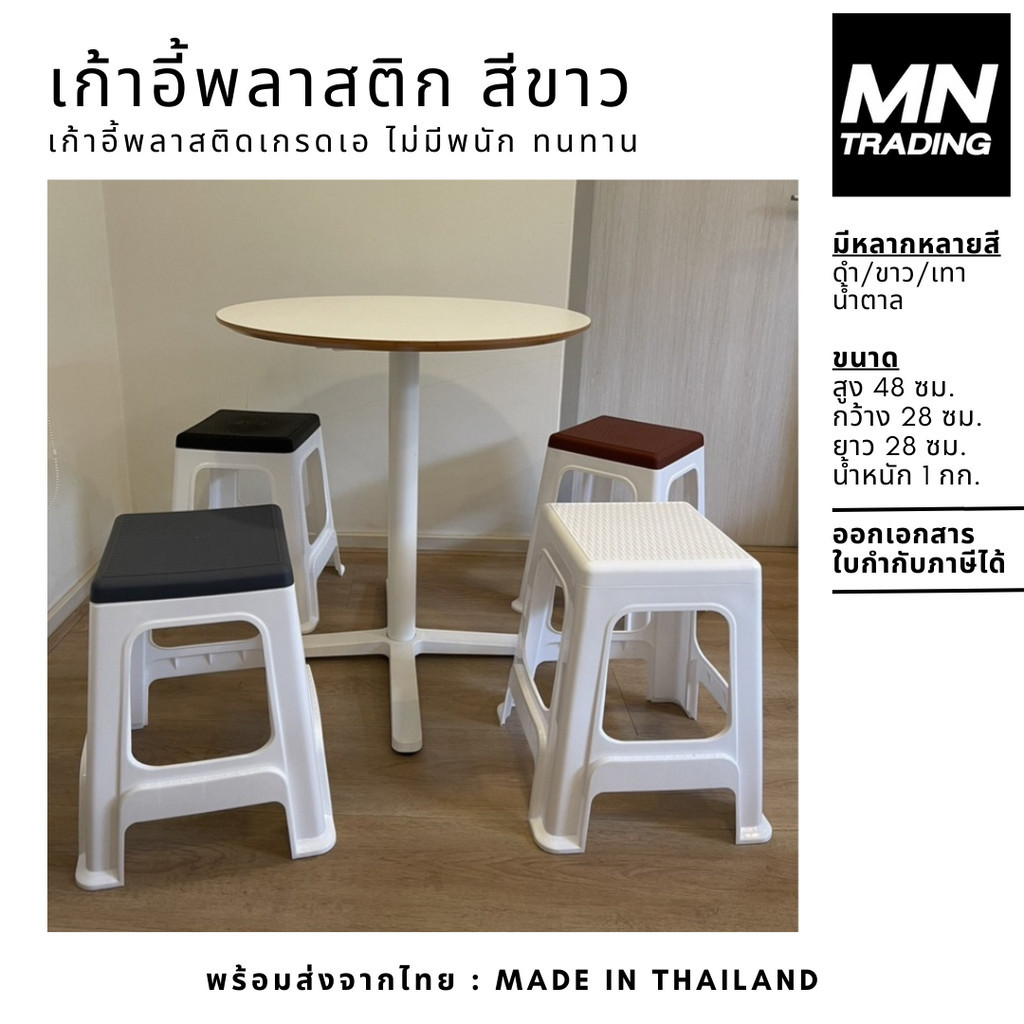 เก้าอี้พลาสติกสีขาว กว้าง 28 ซม. สูง 48 ซม. ใช้สำหรับร้านก๊วยเตี๋ยว ไม่มีพนัก เกรดเอ