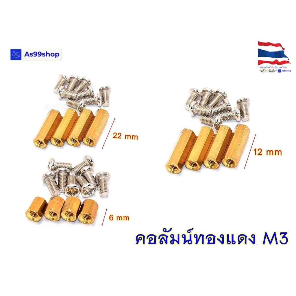 คอลัมน์ทองแดง M3 หกเหลี่ยม แบบกลวง คอลัมน์ ( 1 ชุด 4 ตัว )+น๊อต 8 ตัว