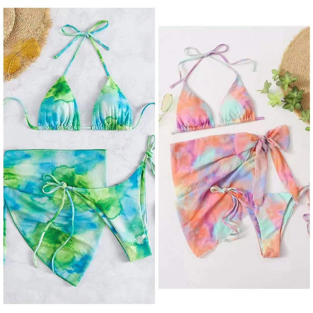 ชุดว่ายน้ำ Bikini Set 3 ชิ้น พร้อมผ้าผูกเอว สีสันสดใส ใส่เที่ยวทะเล