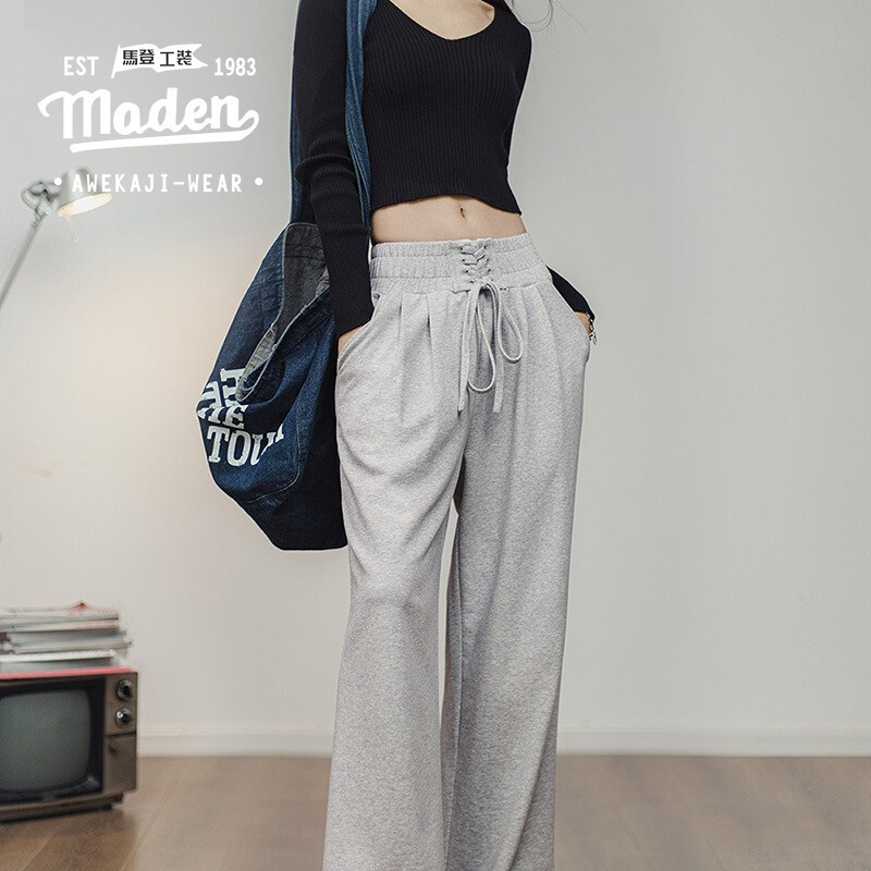 Casual retro waist cinching waist strap flared sweatpants for women in autumn and winter