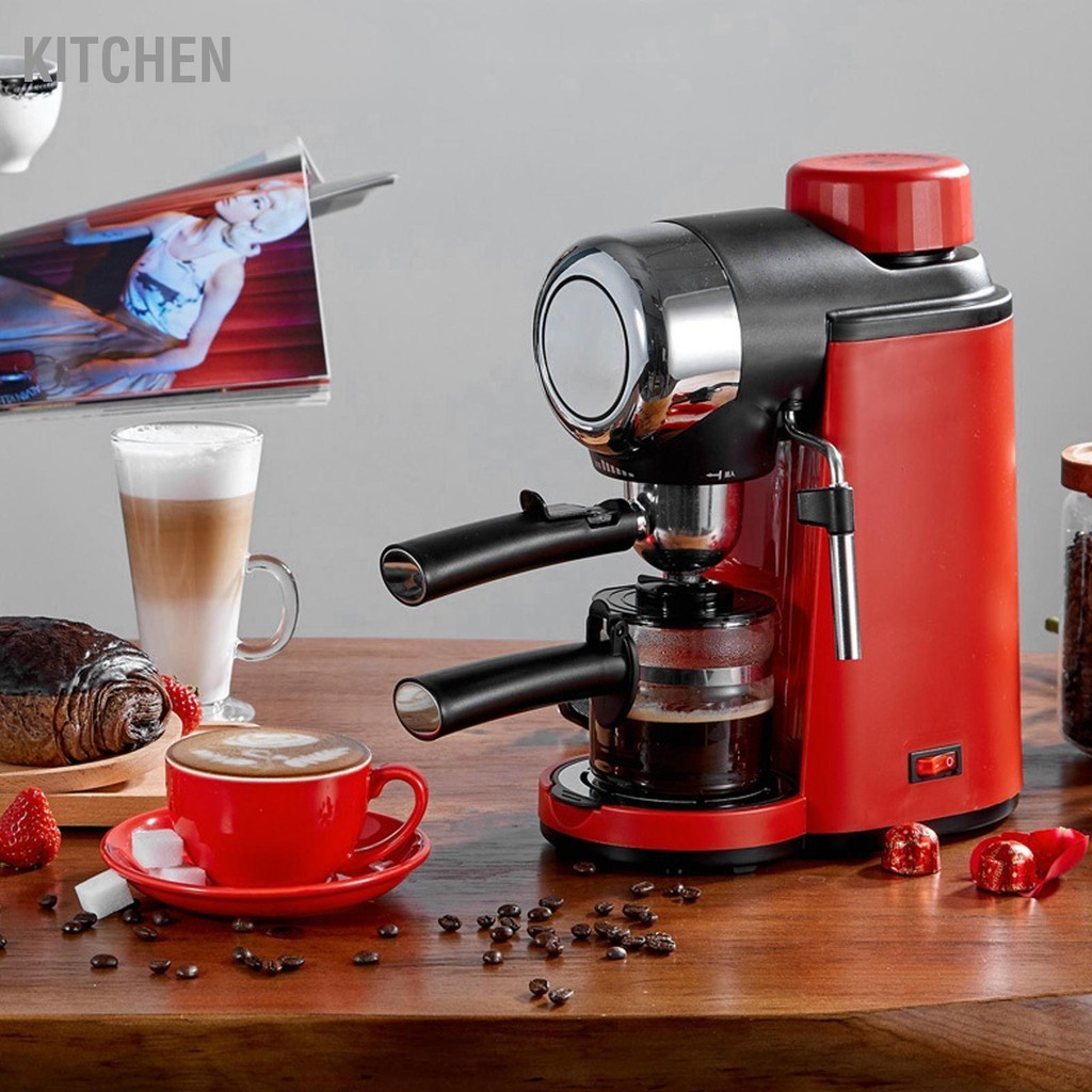 Kitchen เครื่องชงกาแฟ 0.24 ลิตรมินิกึ่งอัตโนมัติ 5Bar ปั๊มเครื่องทำฟองนมเครื่องชงกาแฟสีแดง 220V