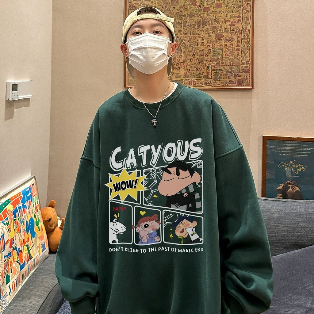 เสื้อกันหนาว แขนยาว ทรงหลวม ลายการ์ตูนชินจัง แฟชั่นคู่รัก สไตล์เกาหลี สําหรับผู้ชาย และผู้หญิง