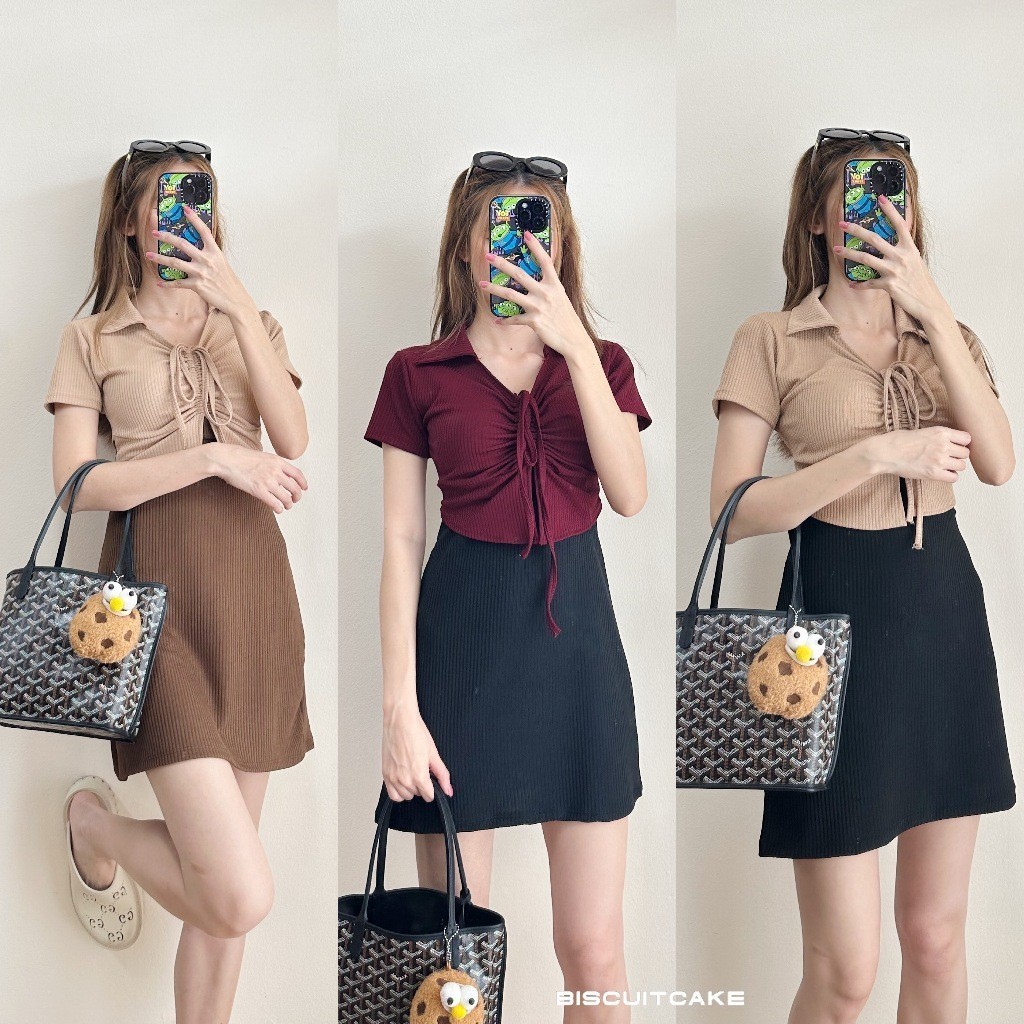 BKL พร้อมส่งในไทย SHOT VIO ชุดเดรสแขนสั้นคอปก ตัวสั้น ทูโทน มีเชือกรูดกลางอก ผ้าท็อปทวิล มีปลายทาง ส