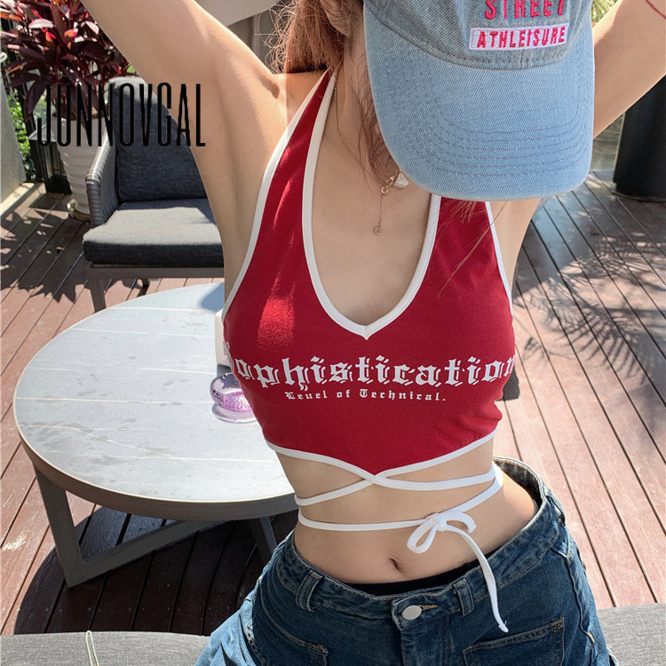 JUNNOVGAL ผู้หญิง Camisole ถักตัวอักษรสีทึบพิมพ์ Casual All Match สไตล์ใหม่ Slim Fit