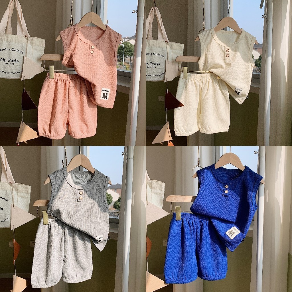 [ML] 80-140 ซม. สไตล์ใหม่ ชุดเสื้อกั๊กเด็ก แขนสั้น ชุดสองชิ้น ฤดูร้อน ชุดวาฟเฟิล สําหรับเด็ก