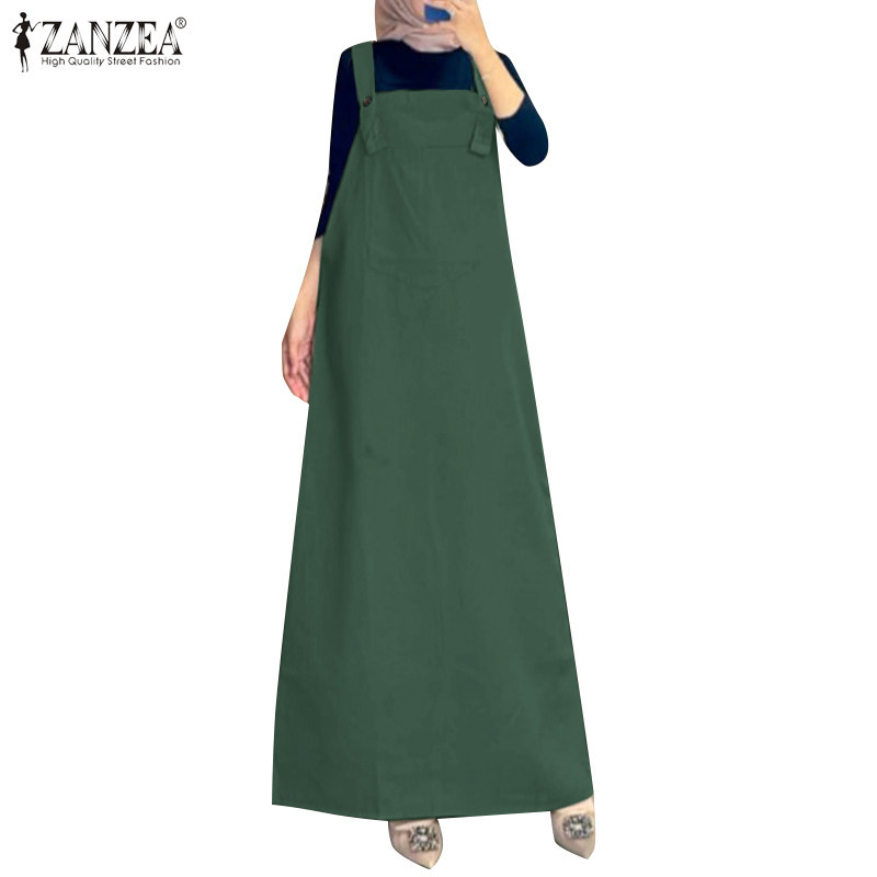 Zanzea ชุดเดรส คอสี่เหลี่ยม แขนกุด กระดุม สีพื้น สไตล์มุสลิม สําหรับผู้หญิง