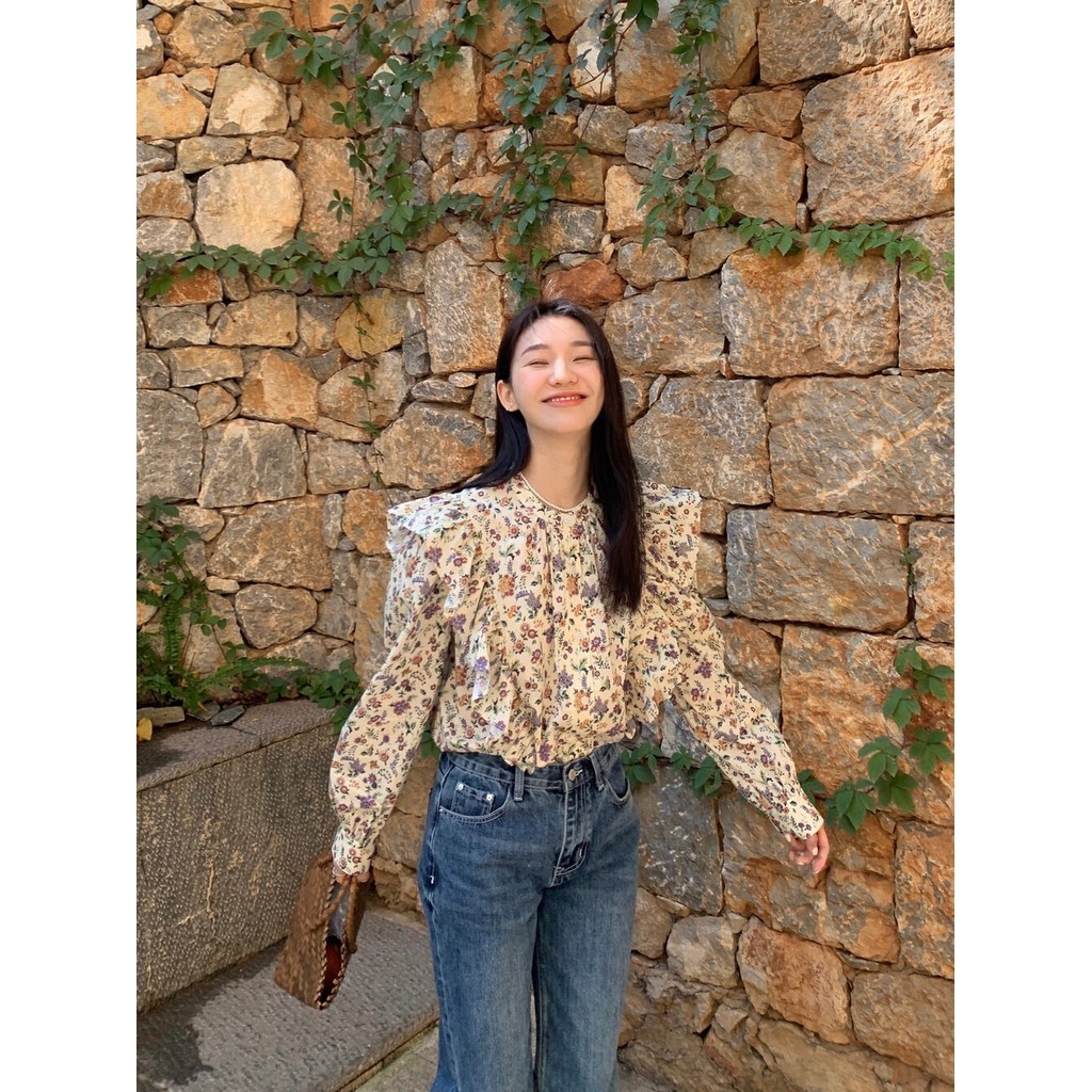 Xiao เสื้อเชิ้ตแขนยาว ผ้าฝ้ายแท้ ลายดอกไม้ แฟชั่นฤดูใบไม้ผลิ สไตล์ฝรั่งเศส สําหรับผู้หญิง RWBG
