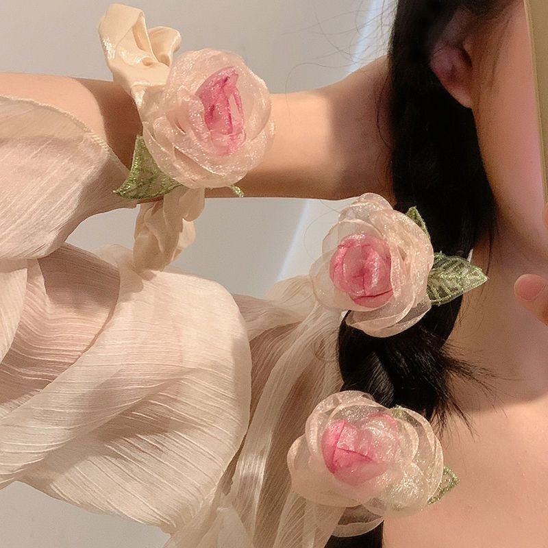 ยางรัดผม รูปดอกกุหลาบ แบบยืดหยุ่น เครื่องประดับ สําหรับผู้หญิง