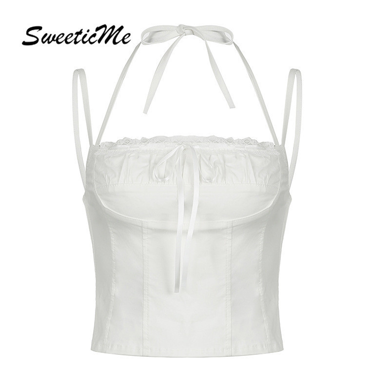 Sweeticme เสื้อกล้าม แต่งลูกไม้ สีพื้น แฟชั่นสําหรับผู้หญิง 2024
