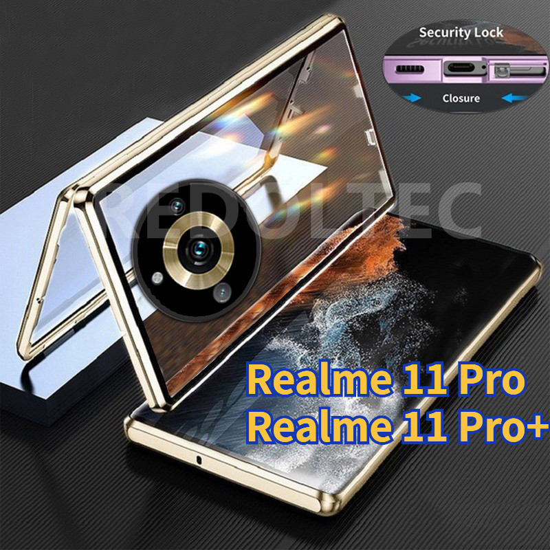 Realme 11 Pro / Realme 11 Pro Plus 360 ป้องกันเต็มรูปแบบ เคสโลหะแม่เหล็ก สองด้าน ด้านหน้า ด้านหลัง กระจก เต็มตัว เคสโทรศัพท์ พร้อมล็อค เคส Realme 11 Pro+