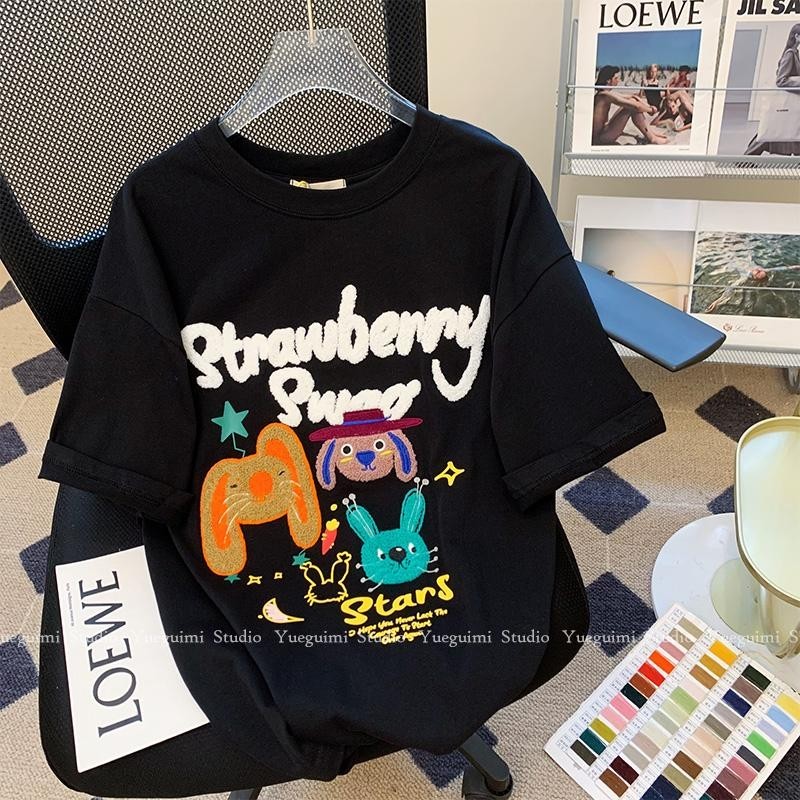 เกาหลี เสื้อแบบดารา เสื้อยืดแขนสั้น CMDXY0537 ผู้ชาย ผู้หญิง ลายทาง ตัวอักษร หลวม ลายสกรีน ฤดูร้อน ฤดูใบไม้ผลิ