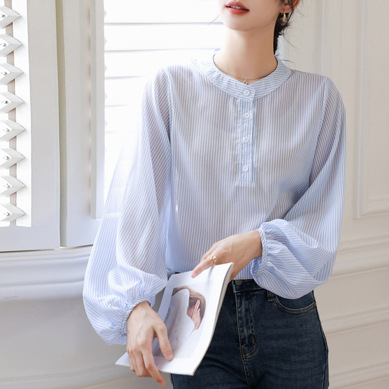 ฤดูใบไม้ผลิฤดูร้อนบางสไตล์แฟชั่น Slimmer ดูสีฟ้าลาย Stand-Up Collar เสื้ออารมณ์เรียบง่ายพัฟแขน