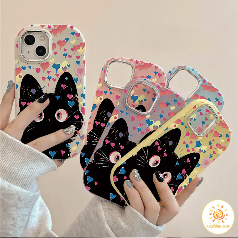 เคสโทรศัพท์มือถือลายแมวดำแบบเต็มหน้าจอ กรอบชุบไฟฟ้า ไอโฟน11 For iPhone12 13 14 15Pro MAX X XS XR XS 7 8Plus SE2020