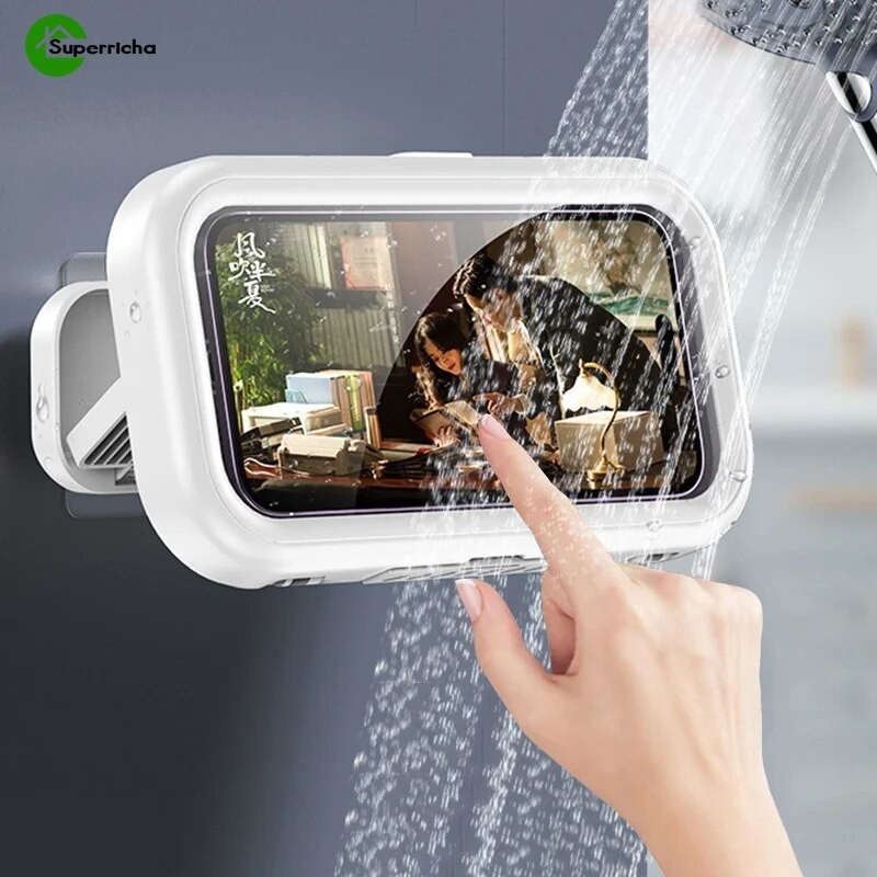 กล่องโทรศัพท์มือถือ แบบใส มีกาวในตัว 360 องศา° ชั้นวางโทรศัพท์ แบบติดผนัง หมุนได้ กันน้ํา ป้องกันหมอก สําหรับห้องน้ํา อ่างอาบน้ํา ห้องครัว