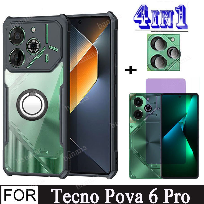 Tecno Pova 6 Pro 5G เคสโทรศัพท์ กันกระแทก สําหรับ Tecno Pova Neo 3 2 4 Pro Spark 10C 10 Pro 4 in 1 ป้องกันแสงสีฟ้า ป้องกันหน้าจอ และที่วางโทรศัพท์มือถือ
