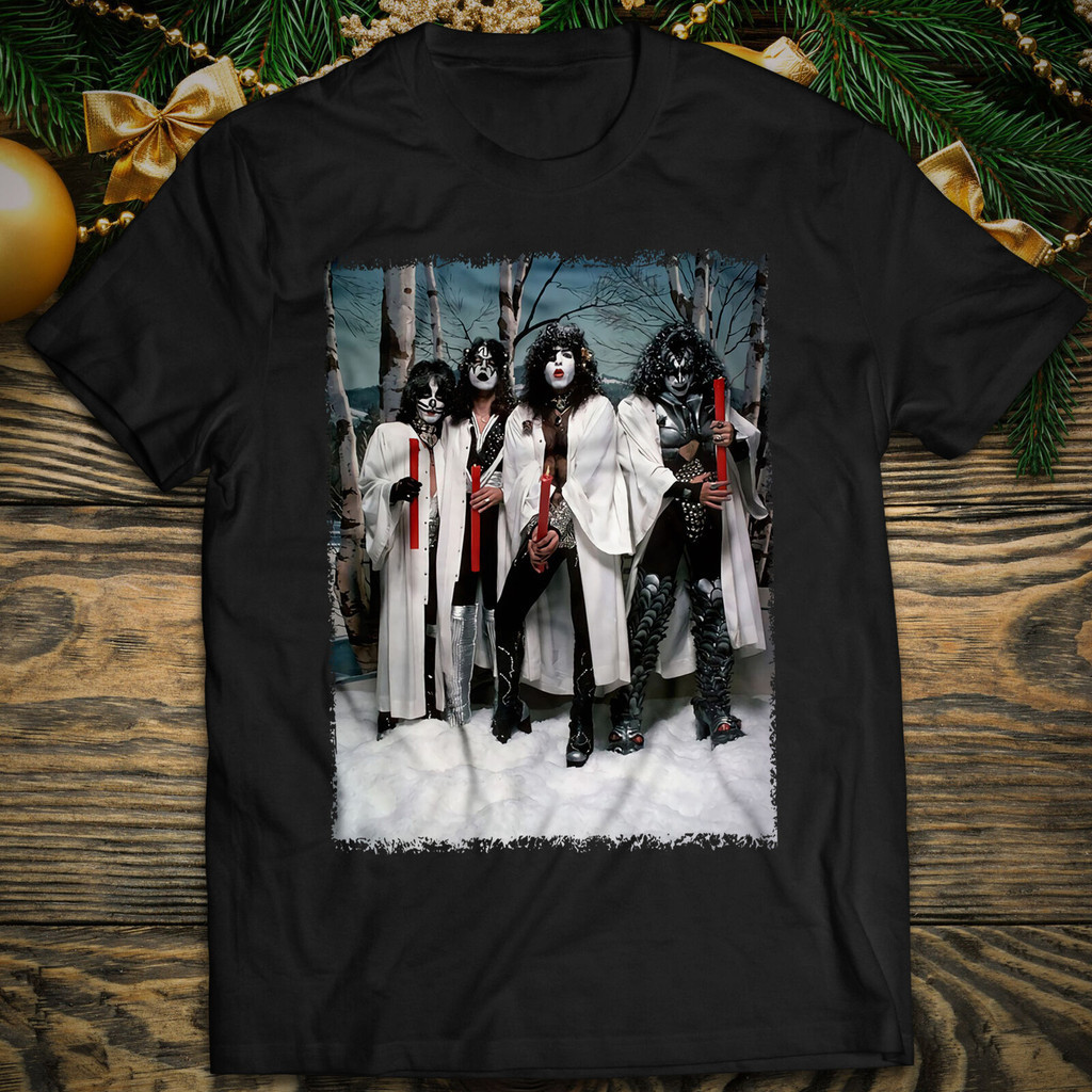 เสื้อยืดผ้าฝ้ายสีขาว Christmas Rock Kiss Band Gene Simmons Ace Frehley