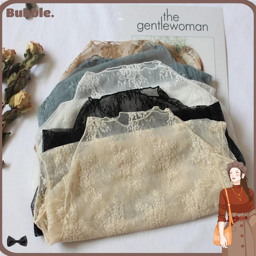 Bubble เสื้อเบลาส์ซีทรู แขนยาว ปักลายลูกไม้ ดอกไม้ สีดํา สําหรับผู้หญิง