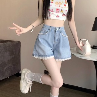 กางเกงยีนขาสั้น เอวสูง ทรงเอ ประดับลูกปัดลูกไม้ ขนาดเล็ก แฟช…