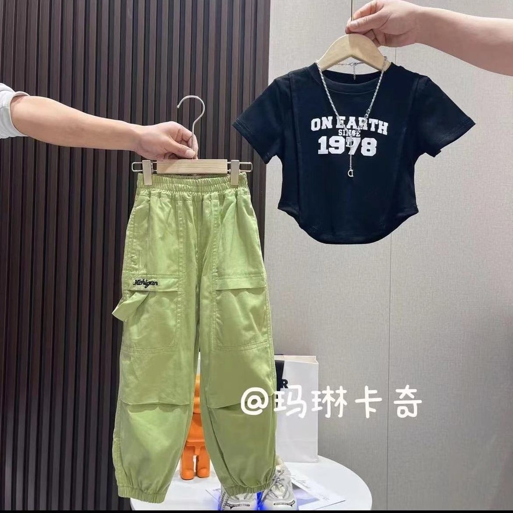 Dorila ชุดเด ็ กผู ้ หญิงชุดแฟชั ่ นสาวชุดสูทแขนสั ้ นสาวชุดฮิปฮอปสาวเสื ้ อยืดครอป + กางเกงคาร ์ โก ้ - รูปที่ 2