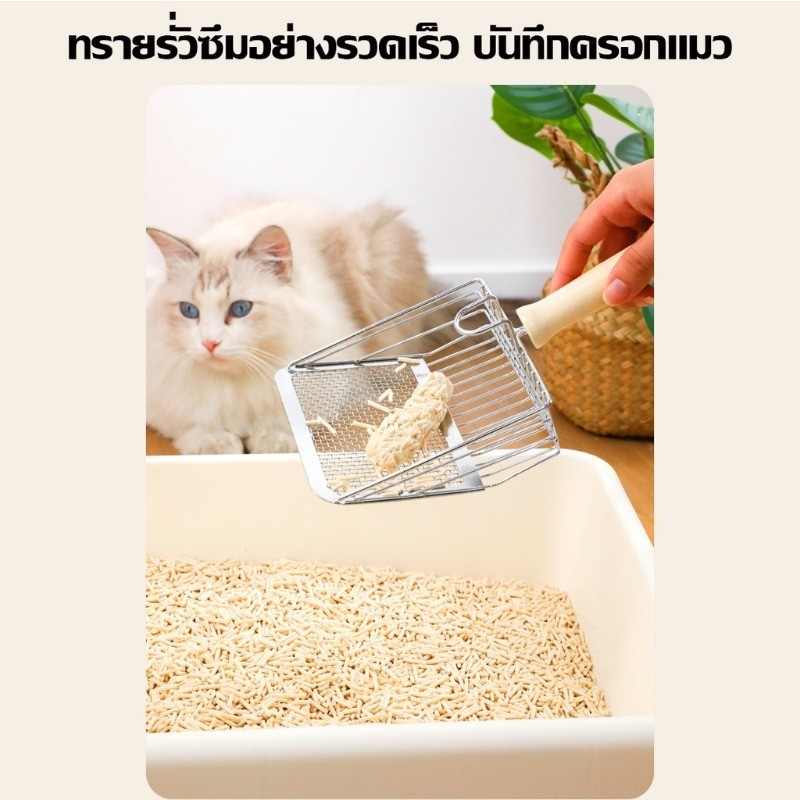 พลั่วทรายแมวโลหะ พลั่วตักขยะแมว อัพเกรดตะขอแบบพกพา ด้ามจับไม้เนื้อแข็ง ทนทาน ใช้ได้กับทรายแมวทั้งหมด - รูปที่ 4