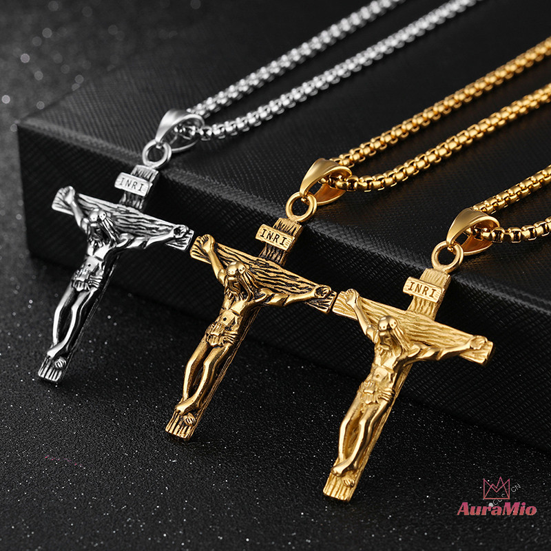[AuraMio] Mens Silver Stainless Steel Jesus Christ Crucifix Cross Pendant Necklace Chain ใหม่