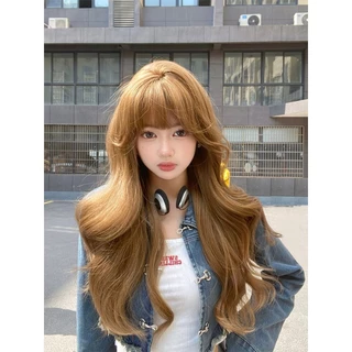 GDS Wigs วิกผมสีน้ำตาลอ่อนประกายทอง มีหน้าม้า (ยาว 70 cm) แถมเน็ตผม