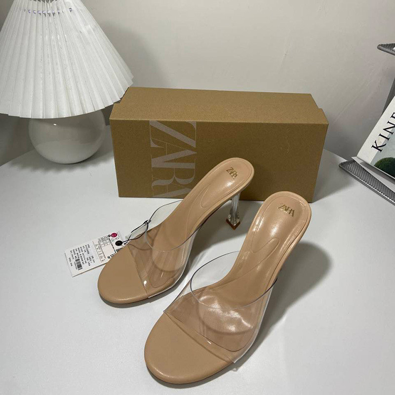 [จัดส่งด่วน] ZARA ใหม่ รองเท้าส้นสูง หัวกลม ลําลอง สายรัดแบน สีโปร่งใส แฟชั่นฤดูร้อน สําหรับสตรี 2024