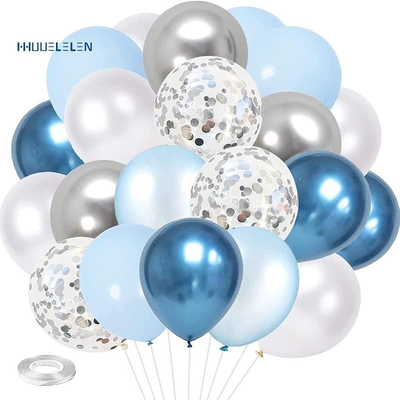 『Hhuuelen』ชุดลูกโป่ง สีมาการง สีฟ้า มุก สีขาว แพ็คละ 60 ชิ้น