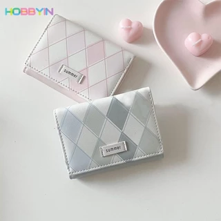 HOBBYIN กระเป๋าสตางค์ หนัง PU ลายตารางหมากรุก สีฟ้า เรียบง่าย อเนกประสงค์ สําหรับใส่บัตรเครดิต บัตรเครดิต
